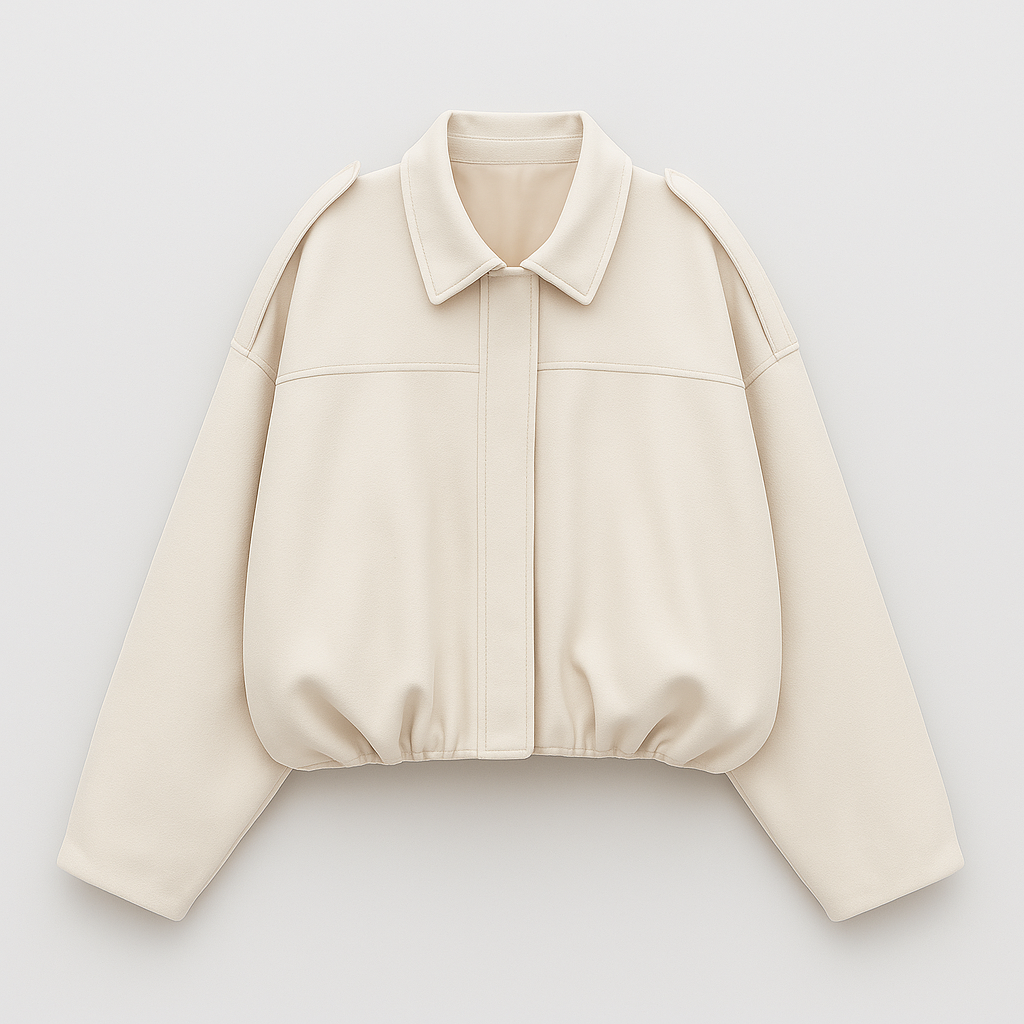 Faux suede bomber jacket with shirt collar and relaxed fit, designed for casual and contemporary layering