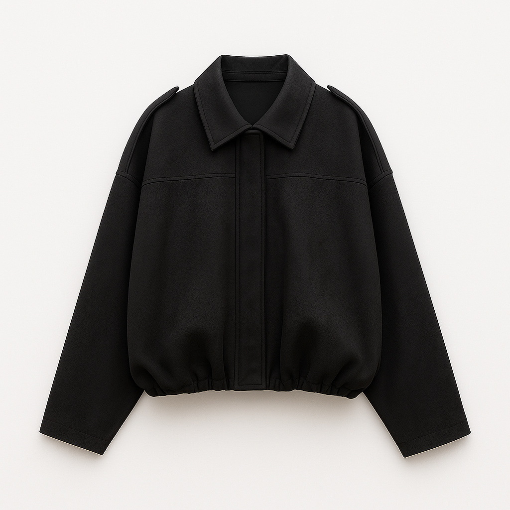 Faux suede bomber jacket with shirt collar and relaxed fit, designed for casual and contemporary layering