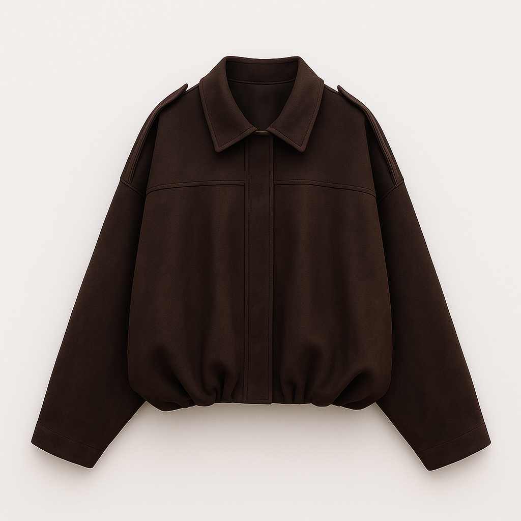 Faux suede bomber jacket with shirt collar and relaxed fit, designed for casual and contemporary layering