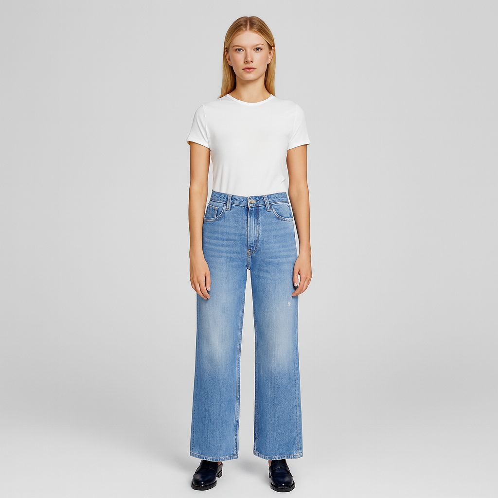 Vintage-inspired wide-leg denim jeans with mid-rise waist and light wash.