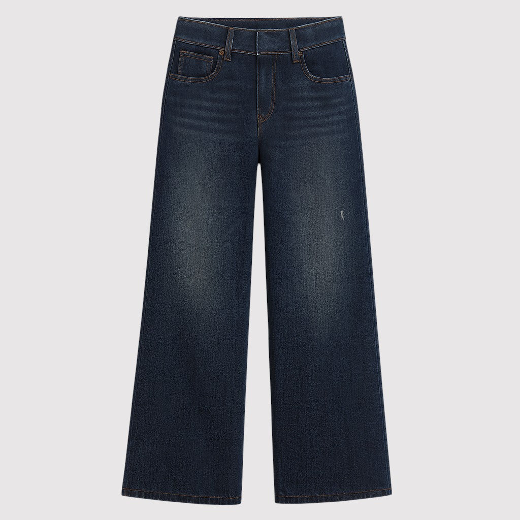 Vintage-inspired wide-leg denim jeans with mid-rise waist and light wash.