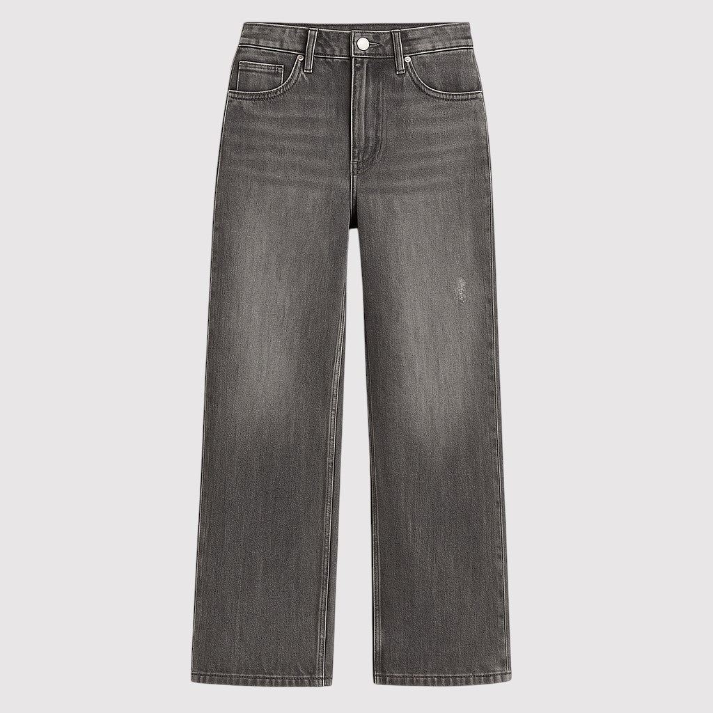 Vintage-inspired wide-leg denim jeans with mid-rise waist and light wash.