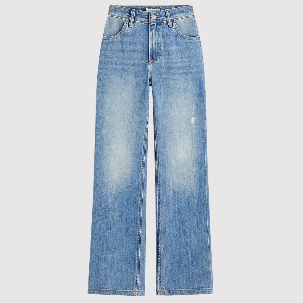 Vintage-inspired wide-leg denim jeans with mid-rise waist and light wash.