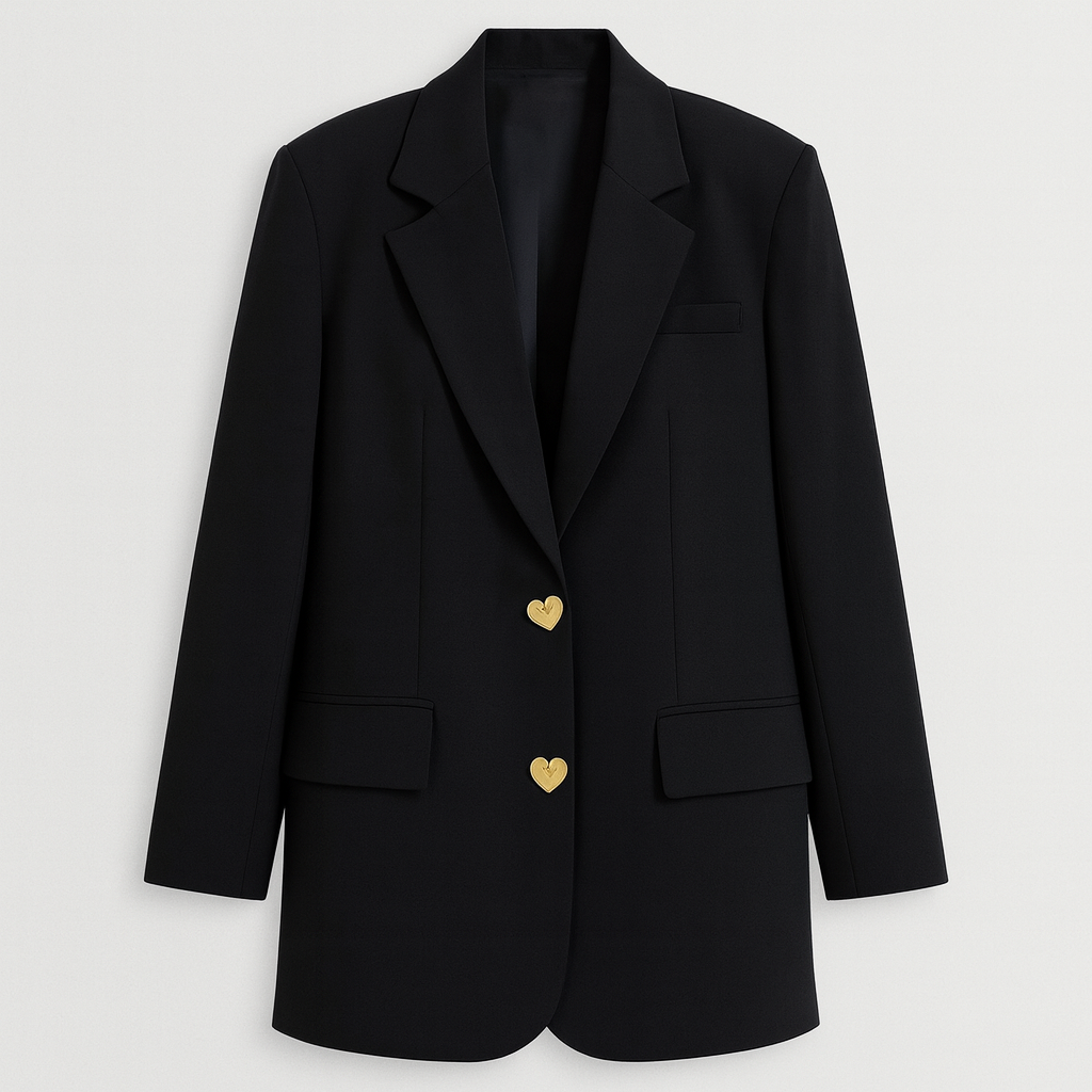 Black blazer dress with gold heart buttons and tailored silhouette