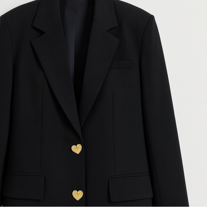 Black blazer dress with gold heart buttons and tailored silhouette