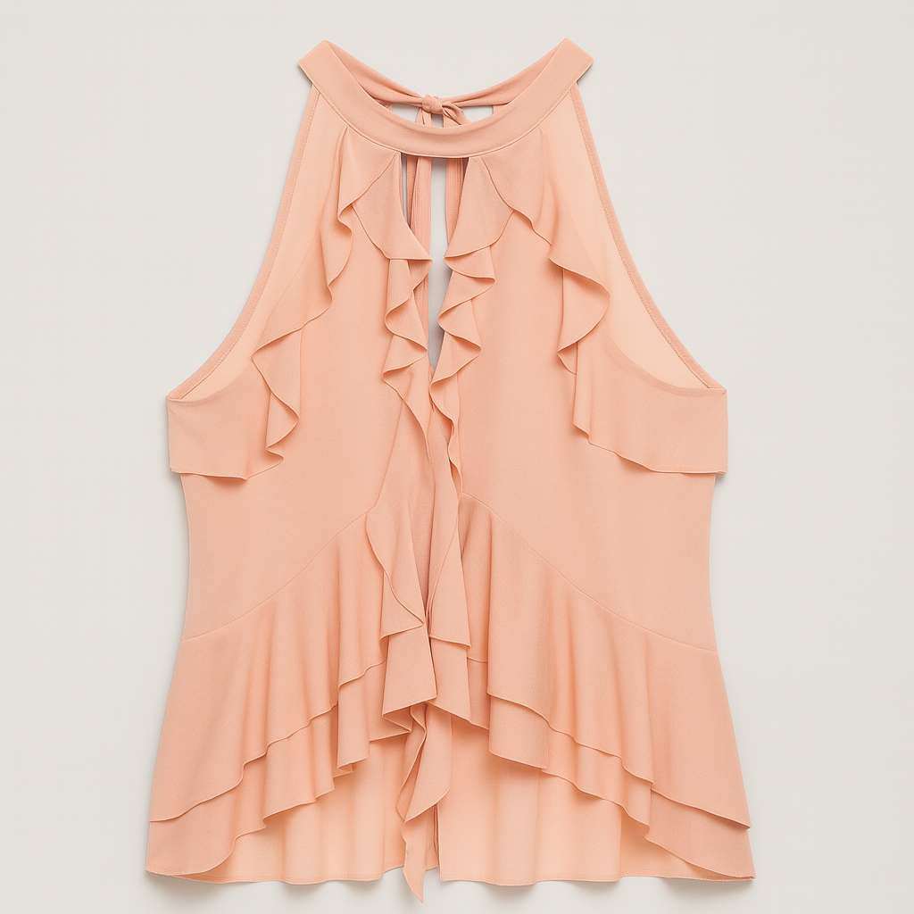Soft pink halter top with cascading ruffles and tie back, featuring a layered flowy hemline