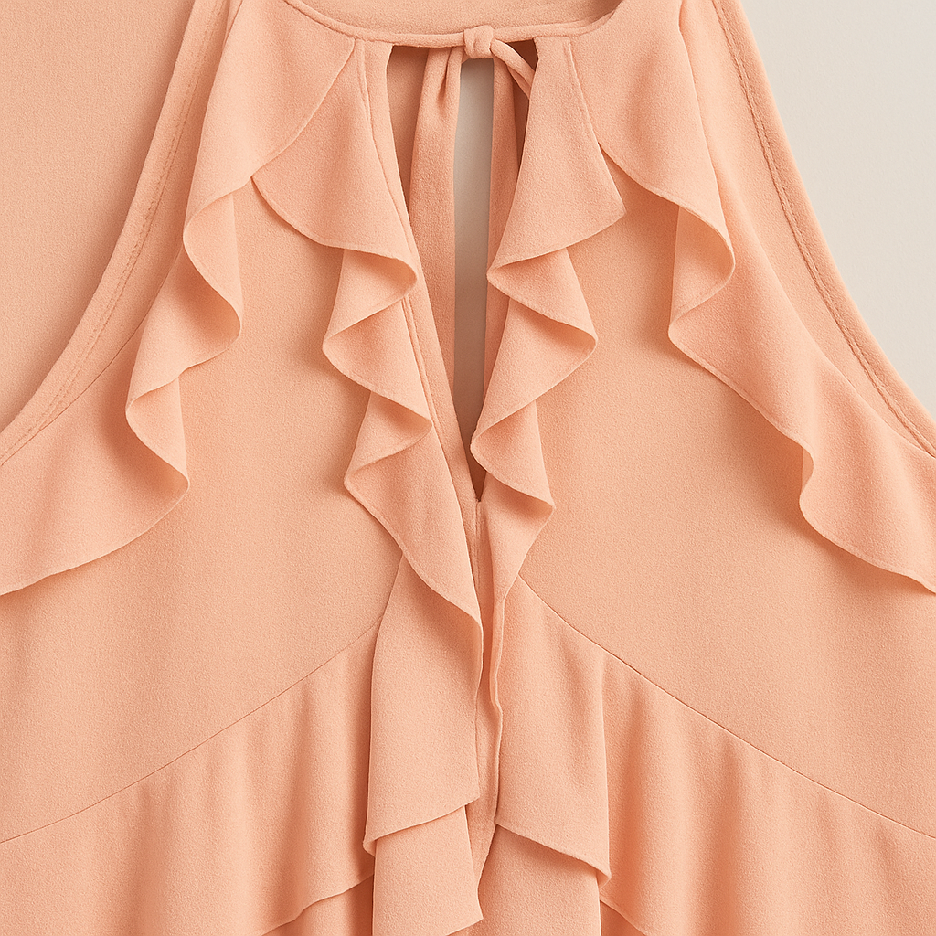 Soft pink halter top with cascading ruffles and tie back, featuring a layered flowy hemline