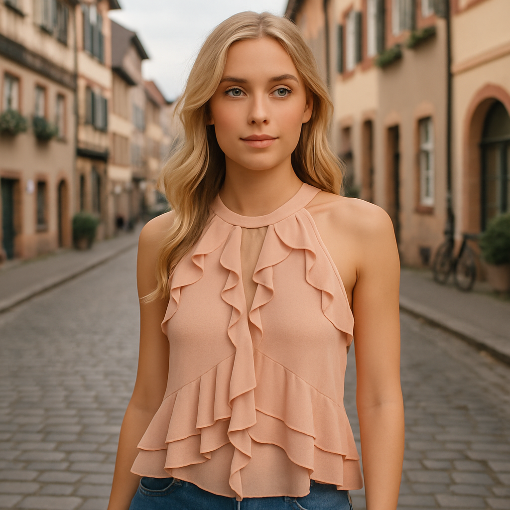 Soft pink halter top with cascading ruffles and tie back, featuring a layered flowy hemline