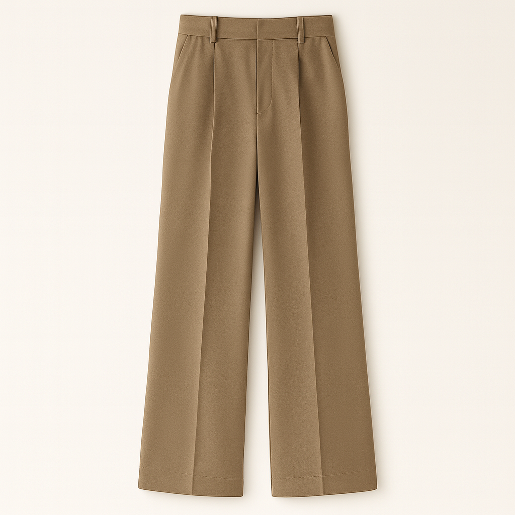 Tailored wide-leg trousers with front pleats, belt loops, side pockets, and concealed front closure.