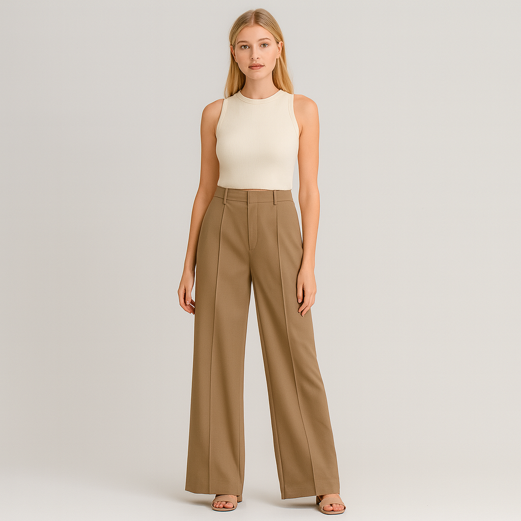 Tailored wide-leg trousers with front pleats, belt loops, side pockets, and concealed front closure.