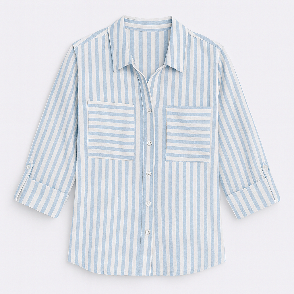Button-up shirt with vertical stripes, featuring a pointed collar, long sleeves, and two chest pockets with horizontal stripes.