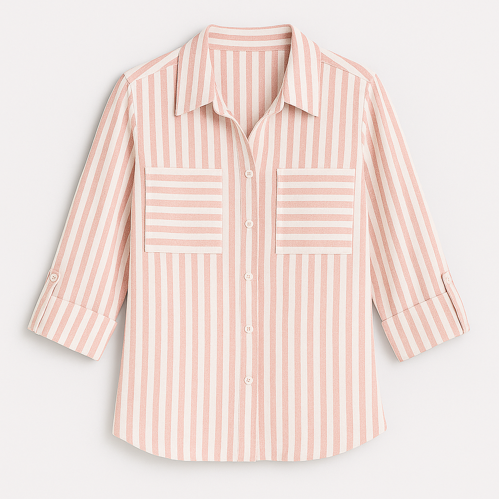 Button-up shirt with vertical stripes, featuring a pointed collar, long sleeves, and two chest pockets with horizontal stripes.