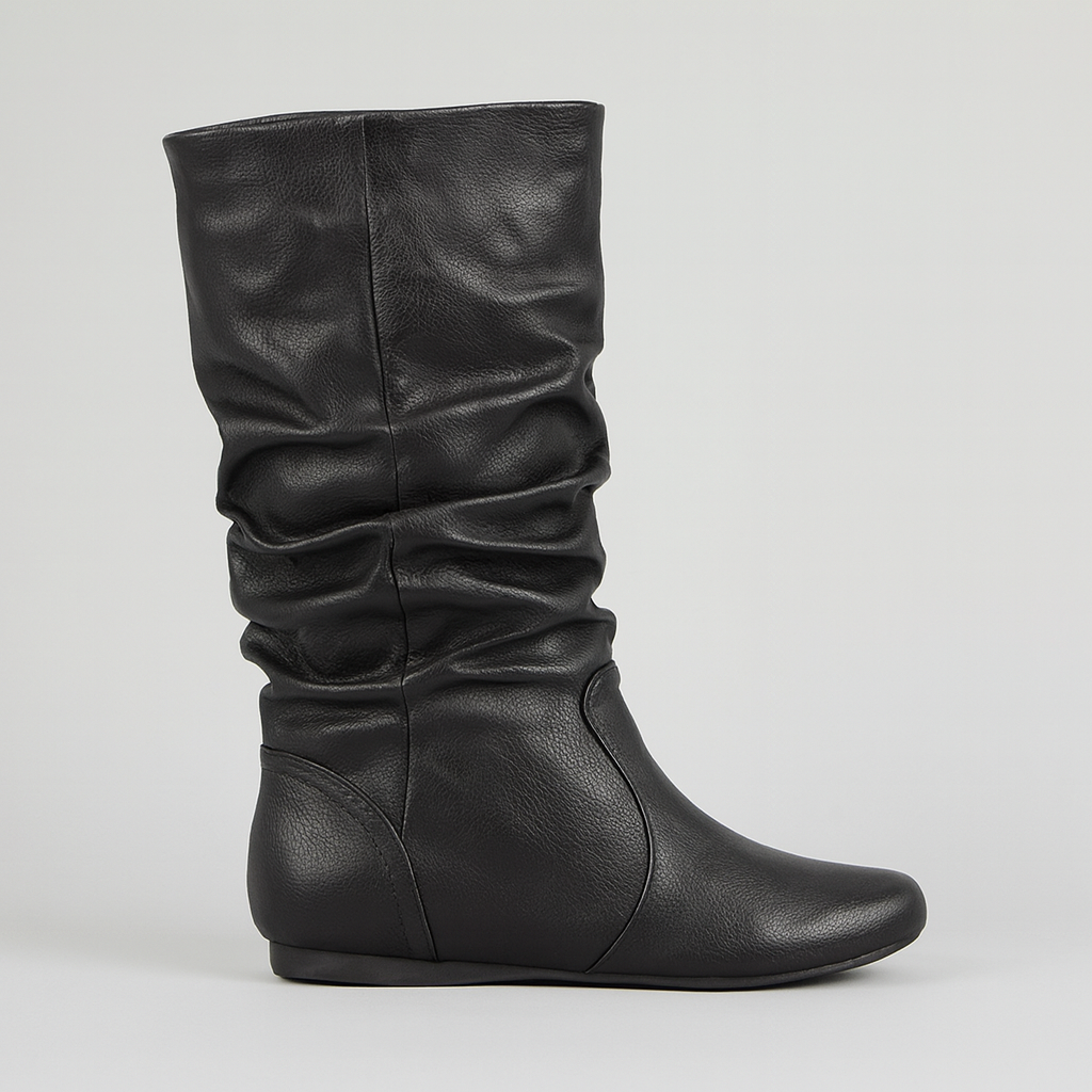 A sleek mid-calf boot with a slouchy leather design and rounded toe. The flat sole provides comfort and ease for everyday wear, while the soft, gathered texture adds a touch of casual sophistication to the minimalist silhouette.