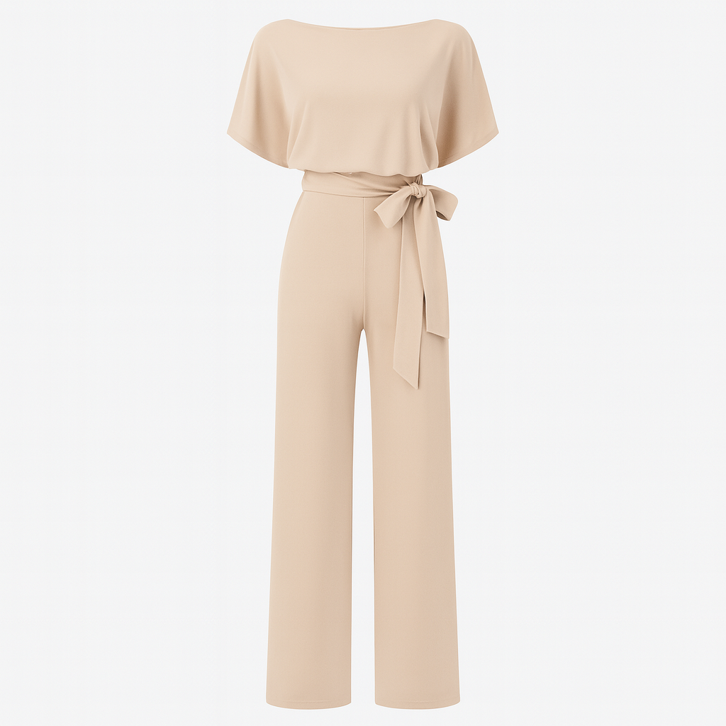 A wide-leg jumpsuit featuring a round neckline, short sleeves, and a waist tie belt.