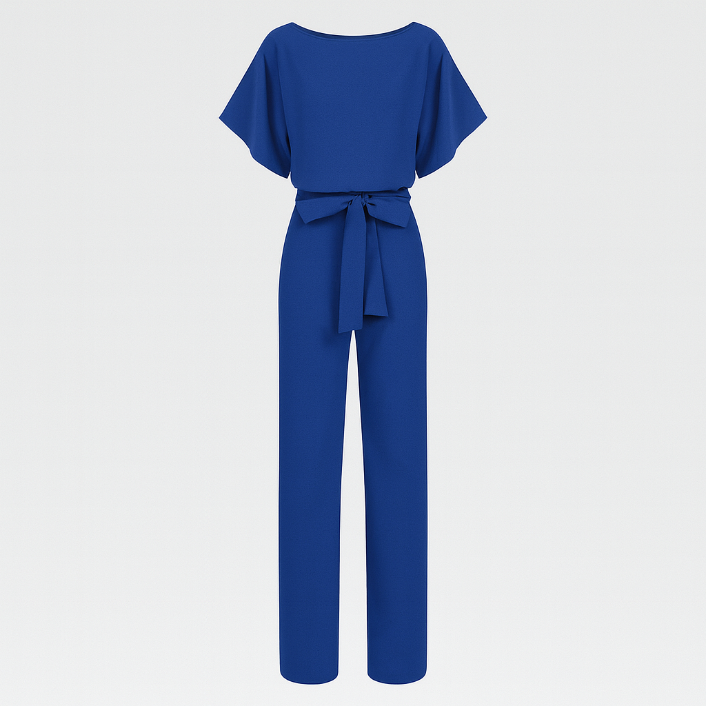 A wide-leg jumpsuit featuring a round neckline, short sleeves, and a waist tie belt.