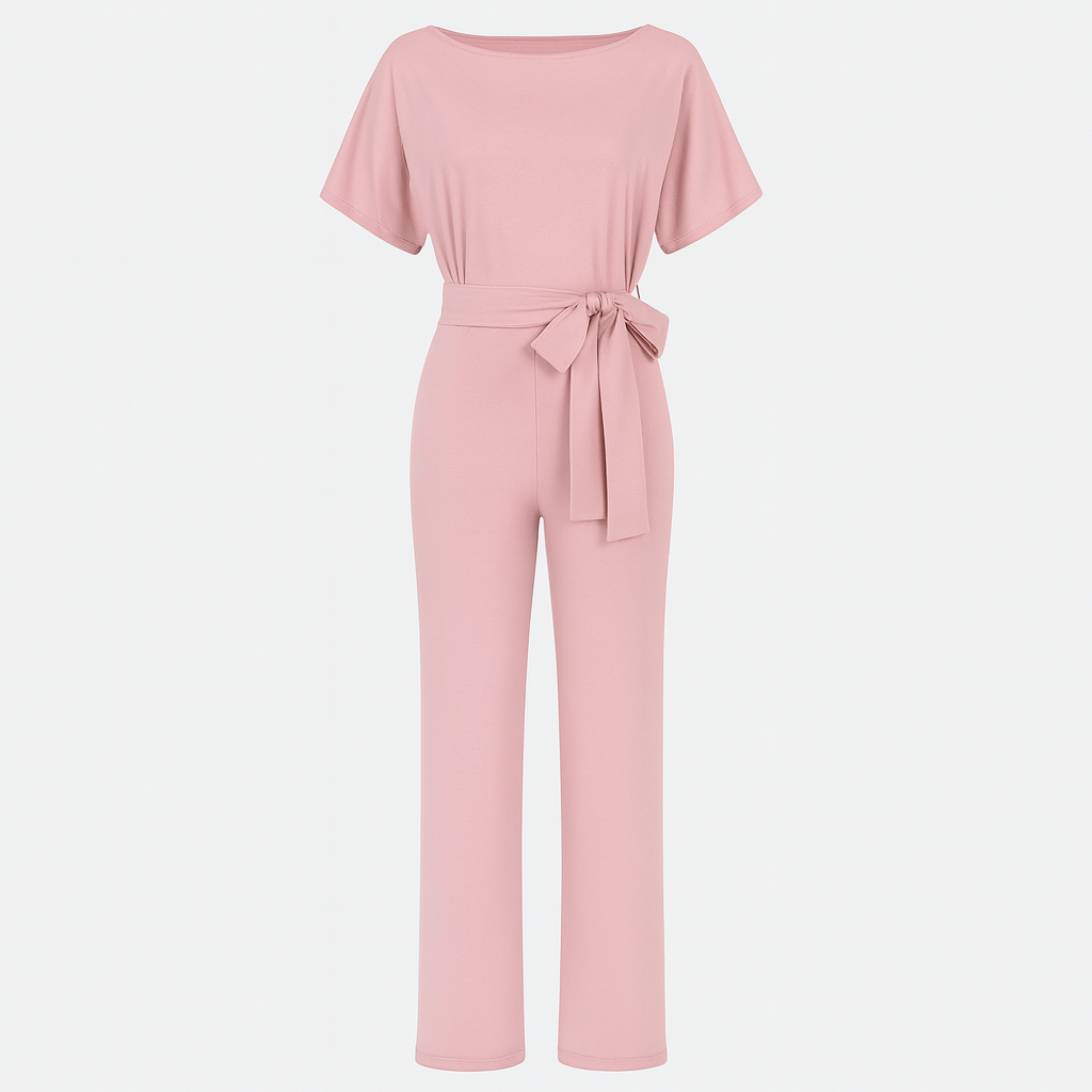 A wide-leg jumpsuit featuring a round neckline, short sleeves, and a waist tie belt.