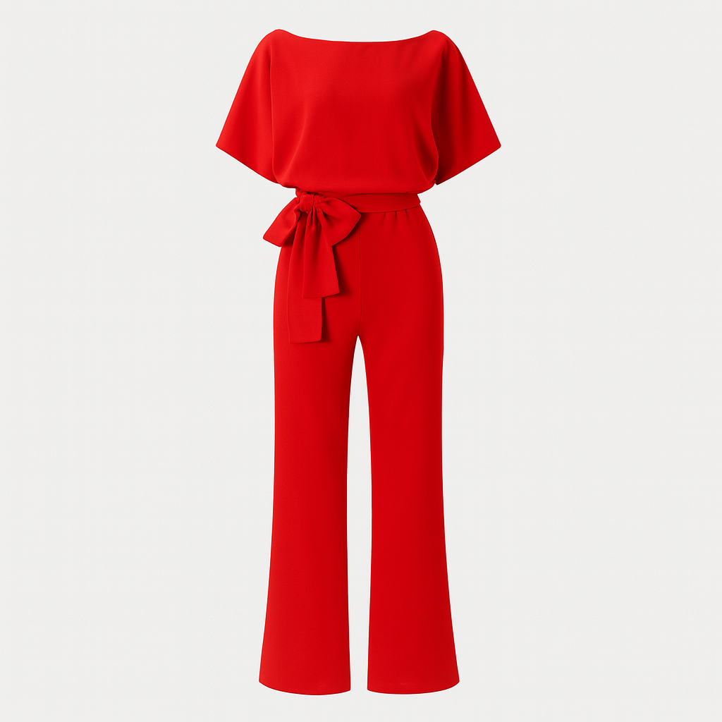 A wide-leg jumpsuit featuring a round neckline, short sleeves, and a waist tie belt.