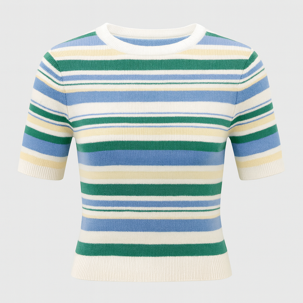 Striped knit tee with short sleeves and crew neckline
