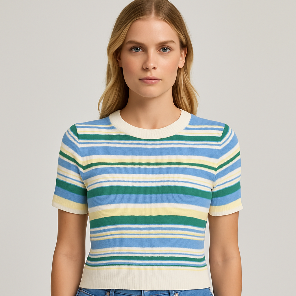 Striped knit tee with short sleeves and crew neckline