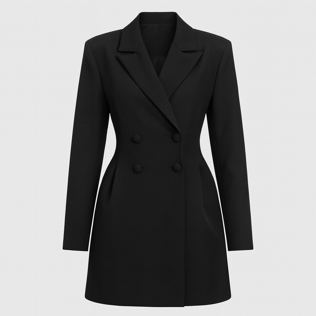 Black double breasted blazer with long sleeves and notched lapel, styled with a black clutch for an elegant look