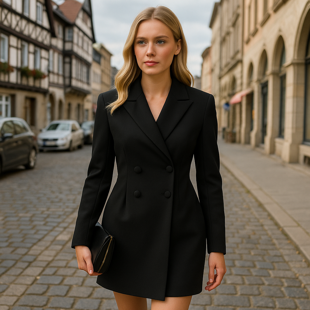 Black double breasted blazer with long sleeves and notched lapel, styled with a black clutch for an elegant look