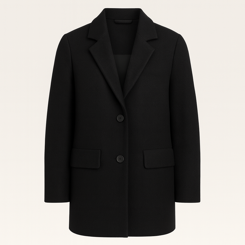 Blazer-style coat with notched lapel collar, button closure, and relaxed fit, styled with casual layering