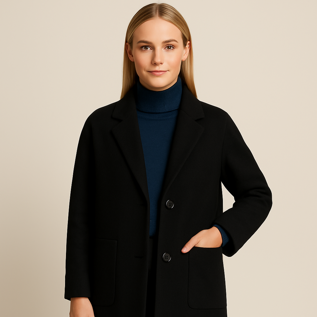 Blazer-style coat with notched lapel collar, button closure, and relaxed fit, styled with casual layering