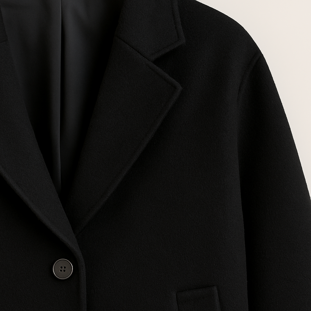 Blazer-style coat with notched lapel collar, button closure, and relaxed fit, styled with casual layering