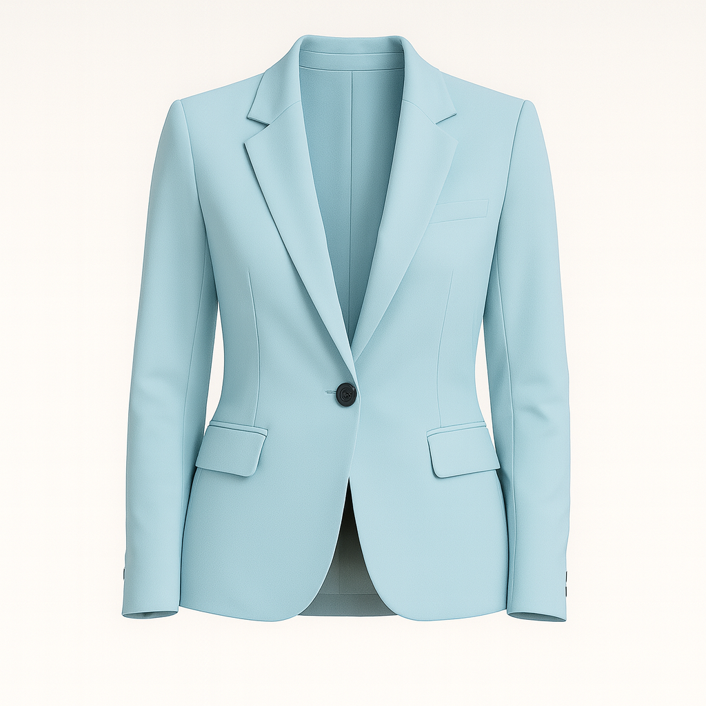 A tailored blazer with a single-button closure, notched lapels, and flap pockets on both sides. The blazer has a structured fit and a smooth, elegant finish, giving it a modern and polished look.