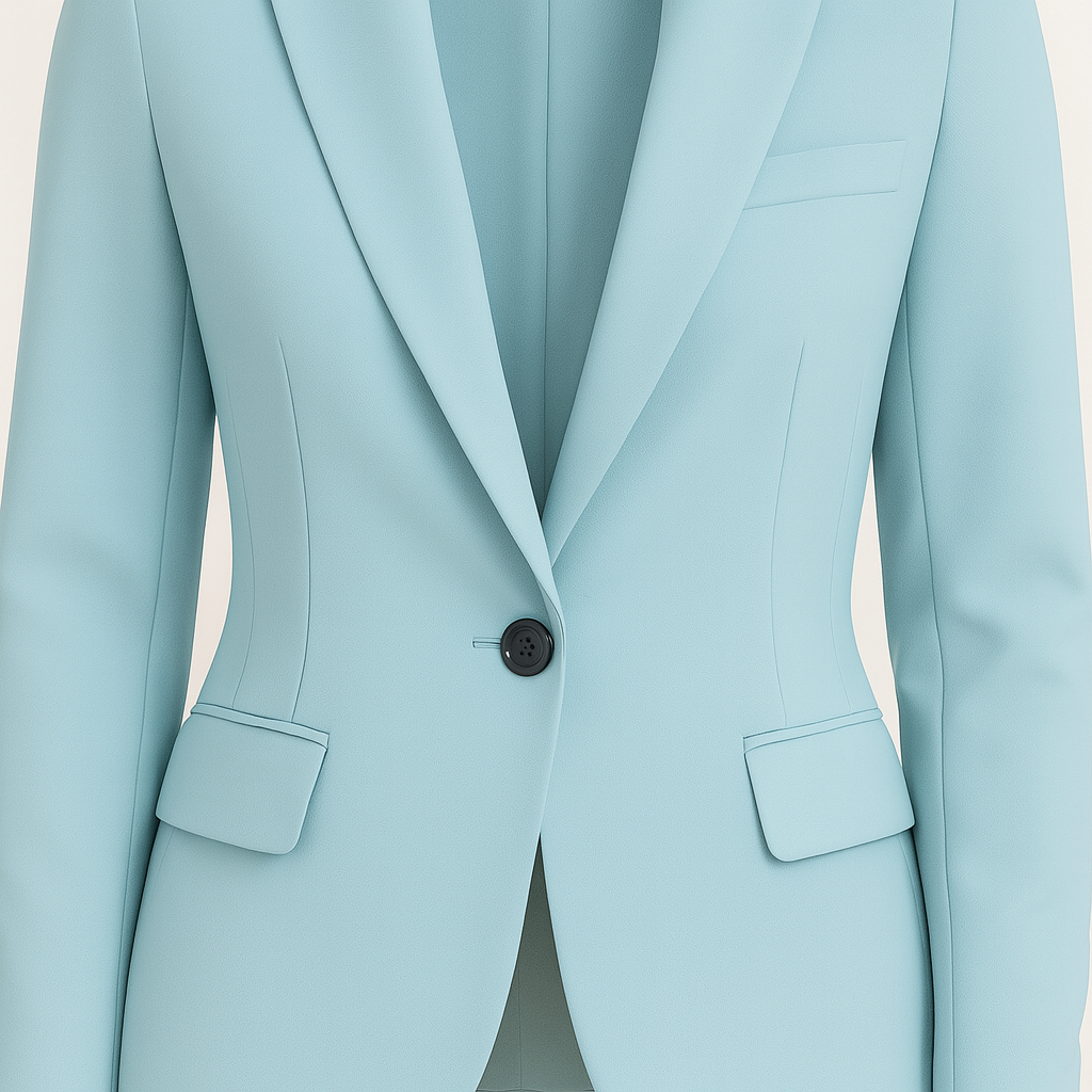A tailored blazer with a single-button closure, notched lapels, and flap pockets on both sides. The blazer has a structured fit and a smooth, elegant finish, giving it a modern and polished look.