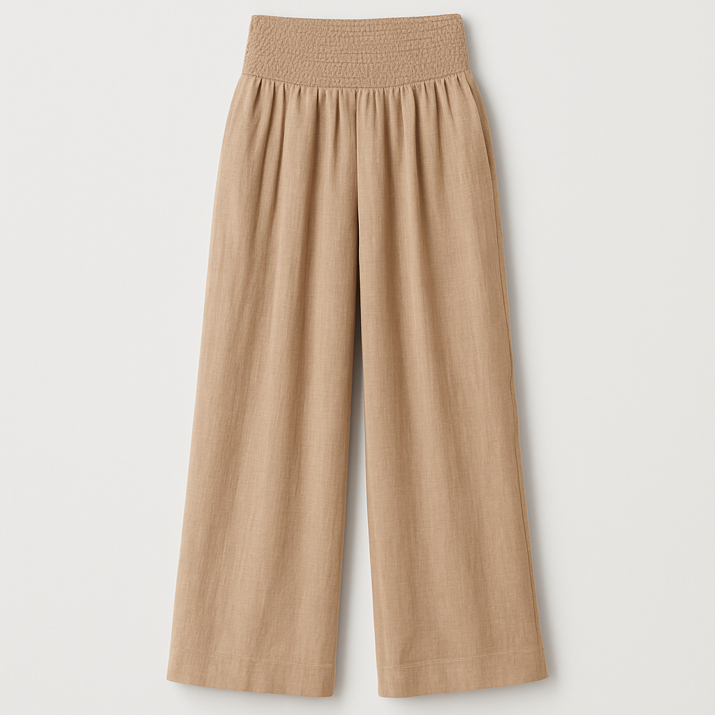 Wide-leg pants with smocked waistband and pleated detailing.