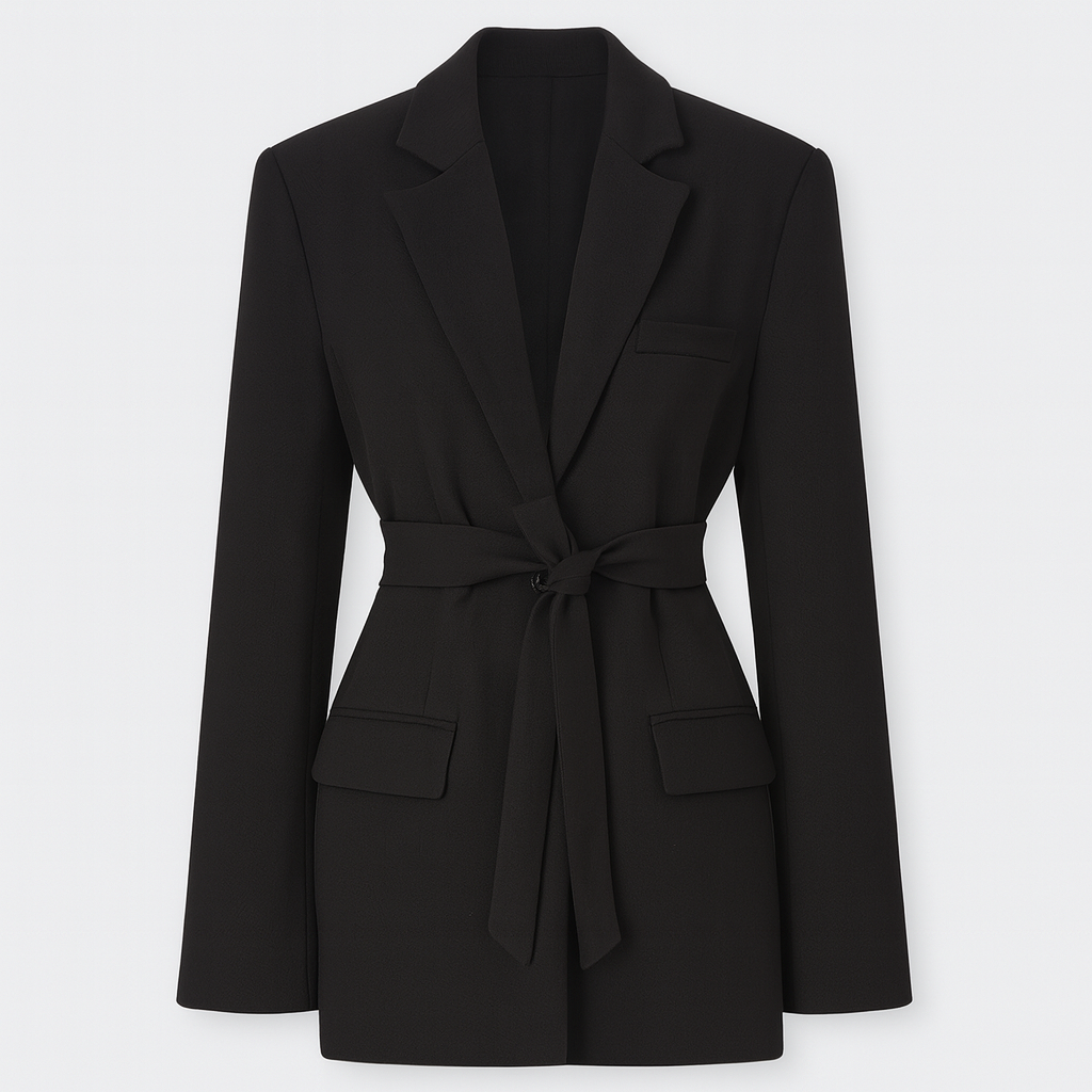Tailored blazer with notched lapel collar and belted waist tie, styled for modern professional and evening wear