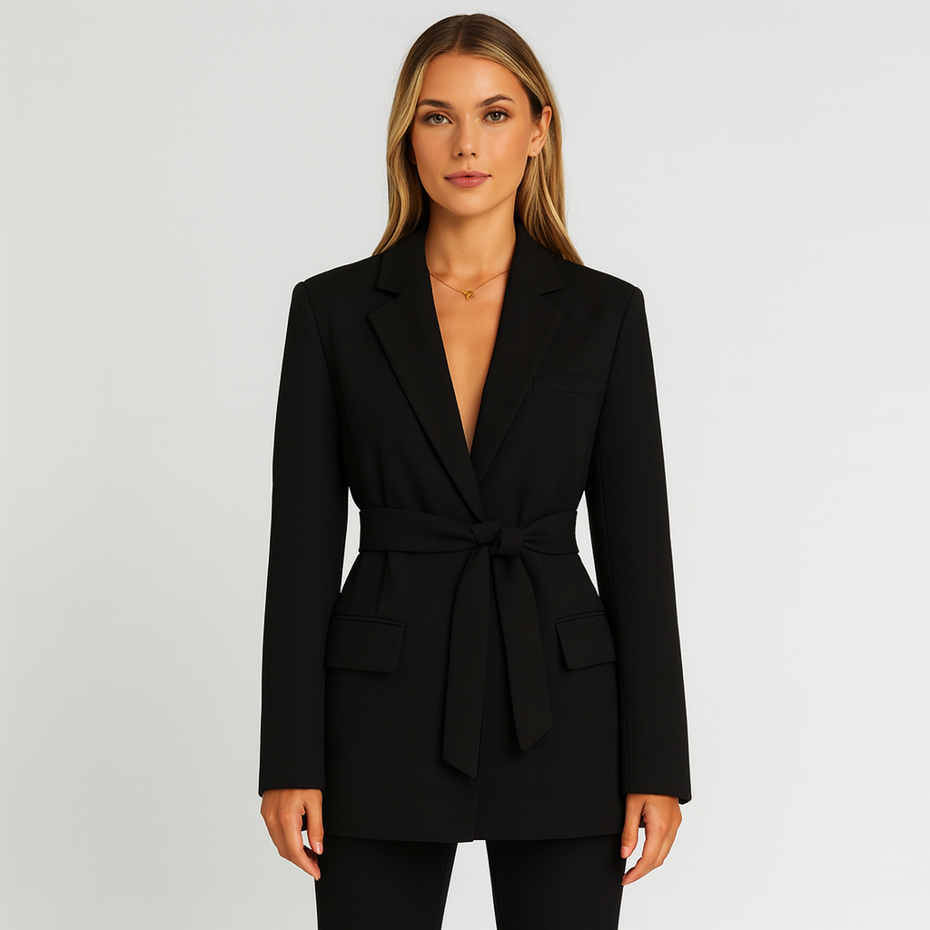 Tailored blazer with notched lapel collar and belted waist tie, styled for modern professional and evening wear