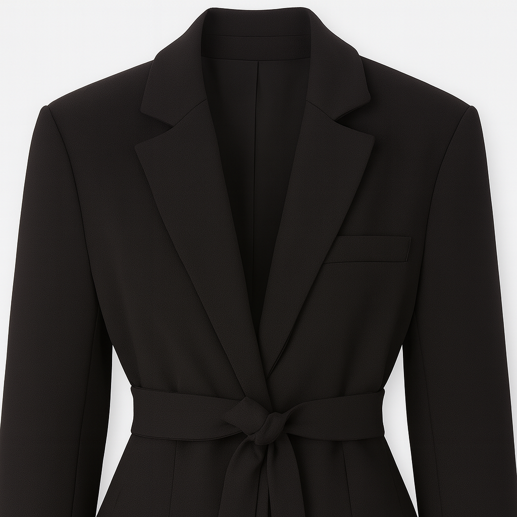 Tailored blazer with notched lapel collar and belted waist tie, styled for modern professional and evening wear