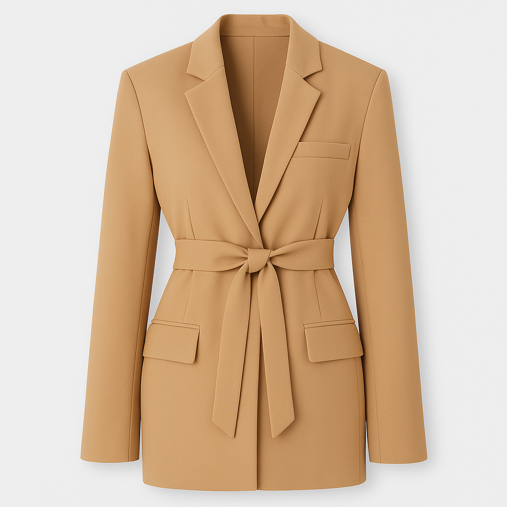 Tailored blazer with notched lapel collar and belted waist tie, styled for modern professional and evening wear