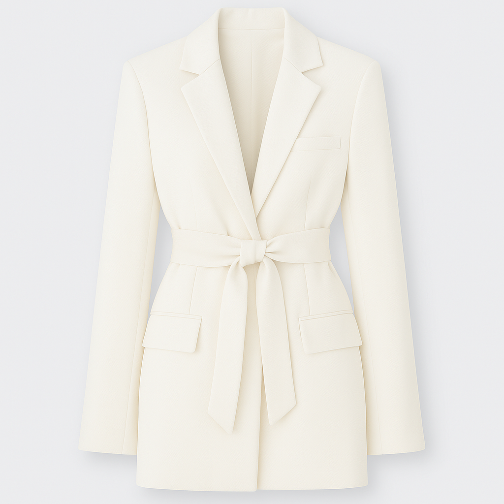 Tailored blazer with notched lapel collar and belted waist tie, styled for modern professional and evening wear