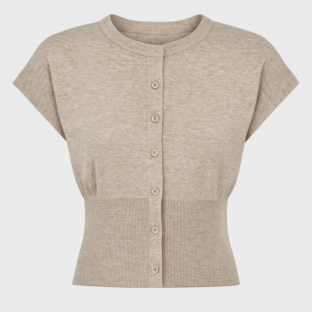 Knit button top with cropped ribbed waist and cap sleeves
