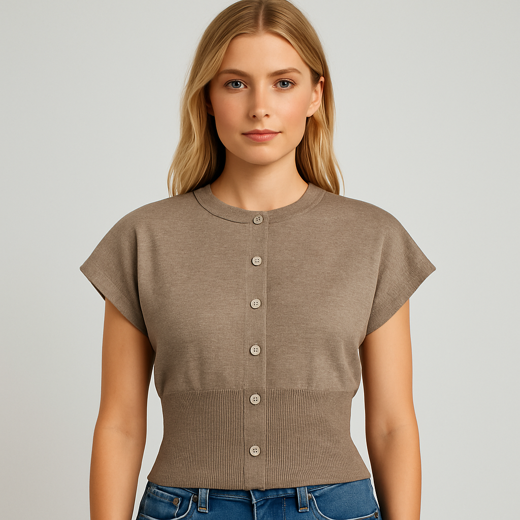 Knit button top with cropped ribbed waist and cap sleeves