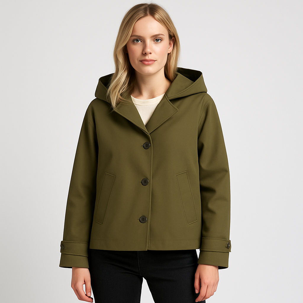 Hooded jacket with button-front closure, fold-over collar, and front pockets designed for versatile everyday wear