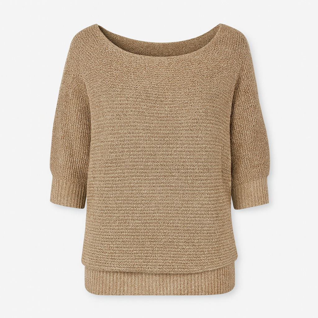 Knit top with relaxed fit, scoop neckline, and ribbed cuffs designed for versatile casual wear