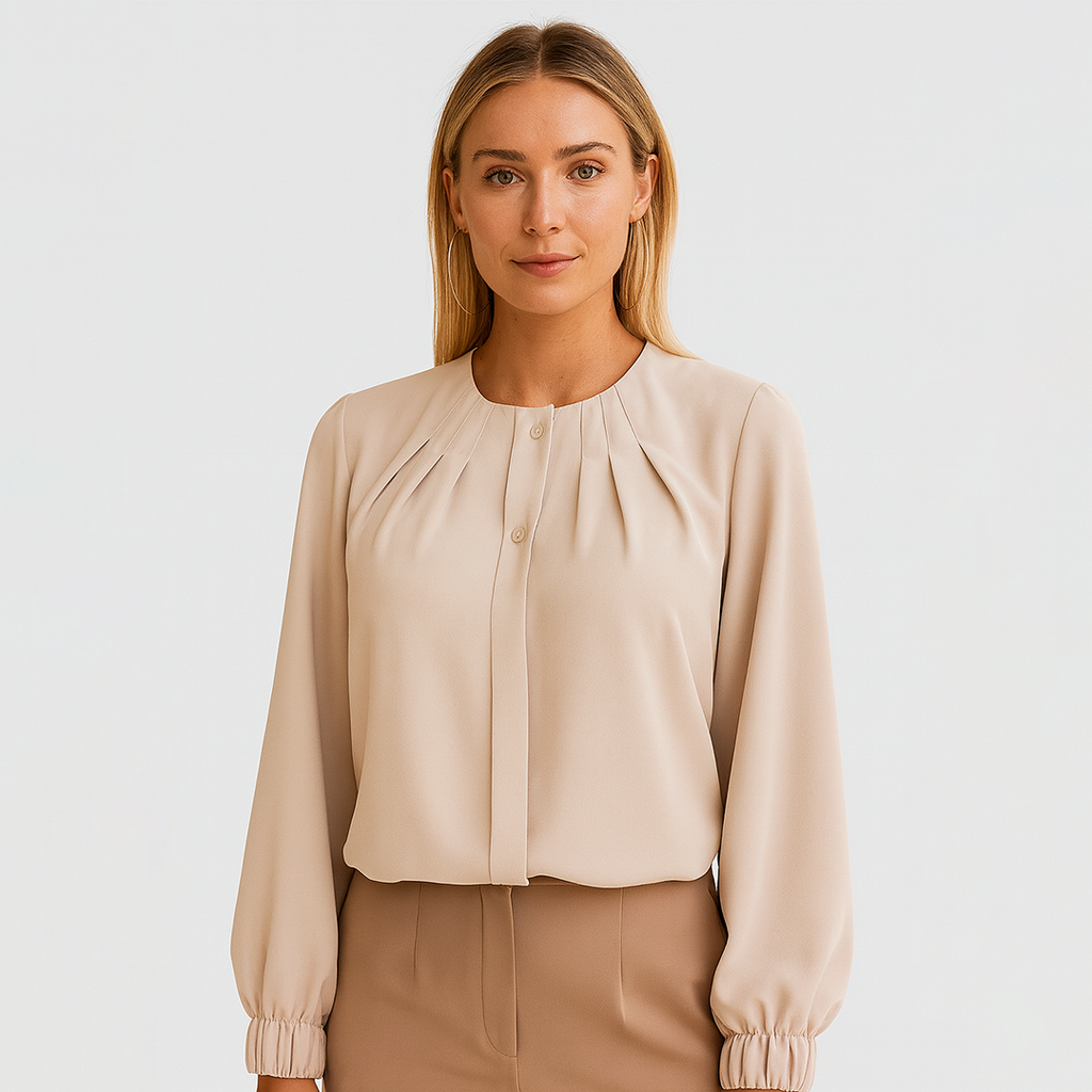 Pleated blouse with round neckline, subtle button-front, and long gathered sleeves