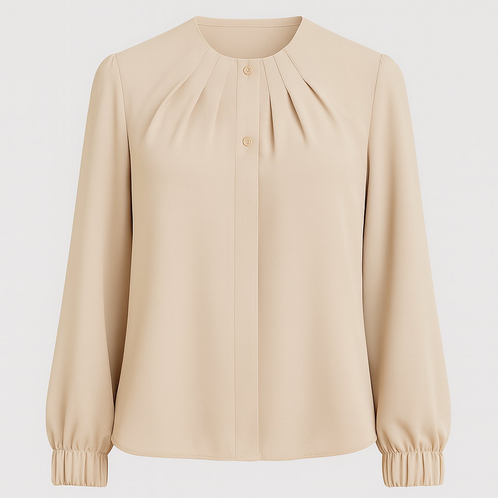 Pleated blouse with round neckline, subtle button-front, and long gathered sleeves