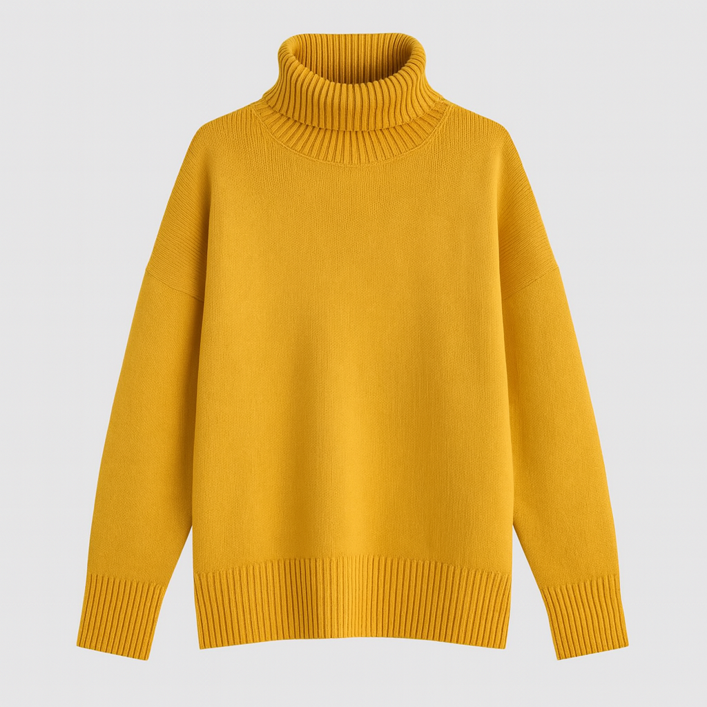 Oversized turtleneck sweater with dropped shoulders, long sleeves, and ribbed cuffs and hem, styled for casual cozy wear