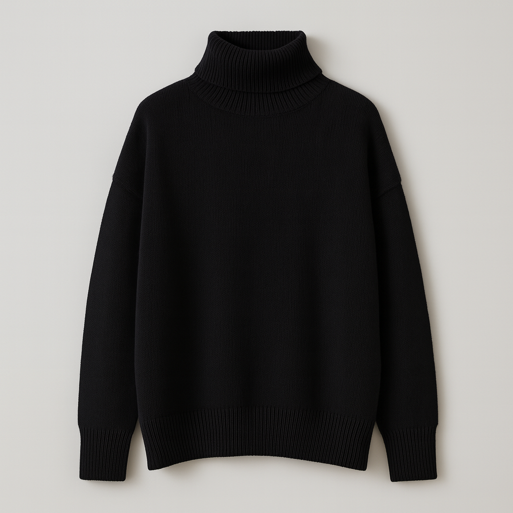 Oversized turtleneck sweater with dropped shoulders, long sleeves, and ribbed cuffs and hem, styled for casual cozy wear