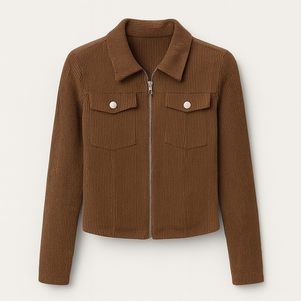 A fitted brown corduroy jacket with a pointed collar, zip front, long sleeves, and flap chest pockets with button details.