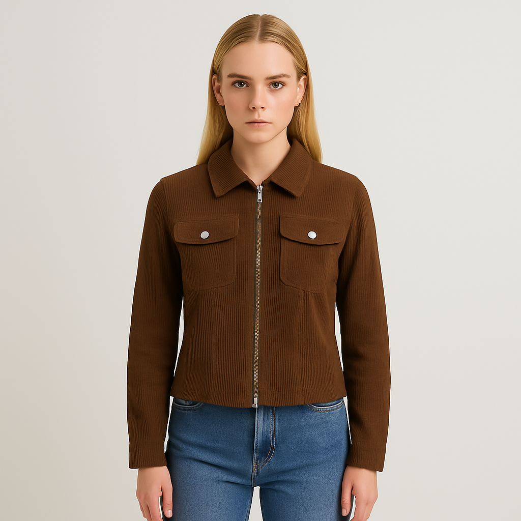 A fitted brown corduroy jacket with a pointed collar, zip front, long sleeves, and flap chest pockets with button details.