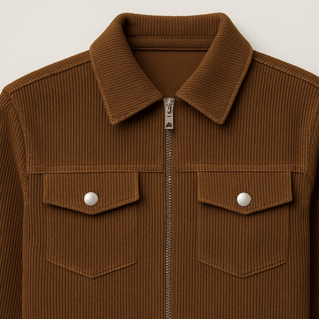 A fitted brown corduroy jacket with a pointed collar, zip front, long sleeves, and flap chest pockets with button details.