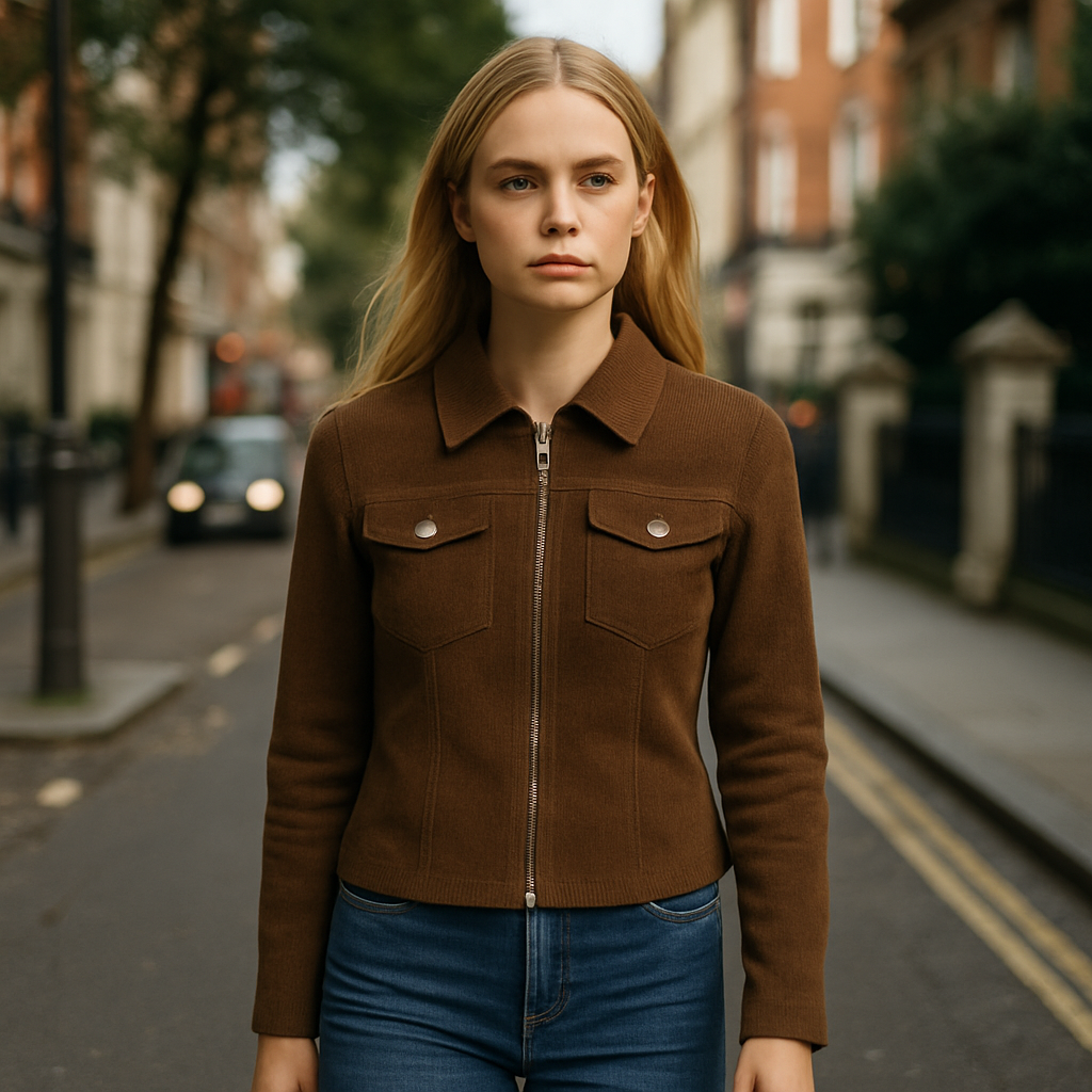 A fitted brown corduroy jacket with a pointed collar, zip front, long sleeves, and flap chest pockets with button details.