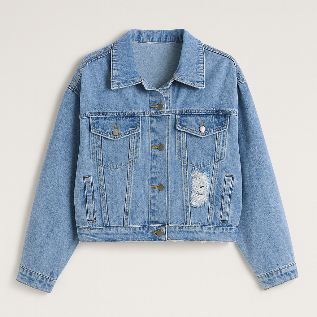 A cropped denim jacket with long sleeves, a point collar, button closure, and distressed hem.