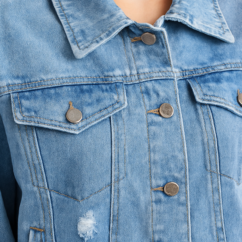 A cropped denim jacket with long sleeves, a point collar, button closure, and distressed hem.